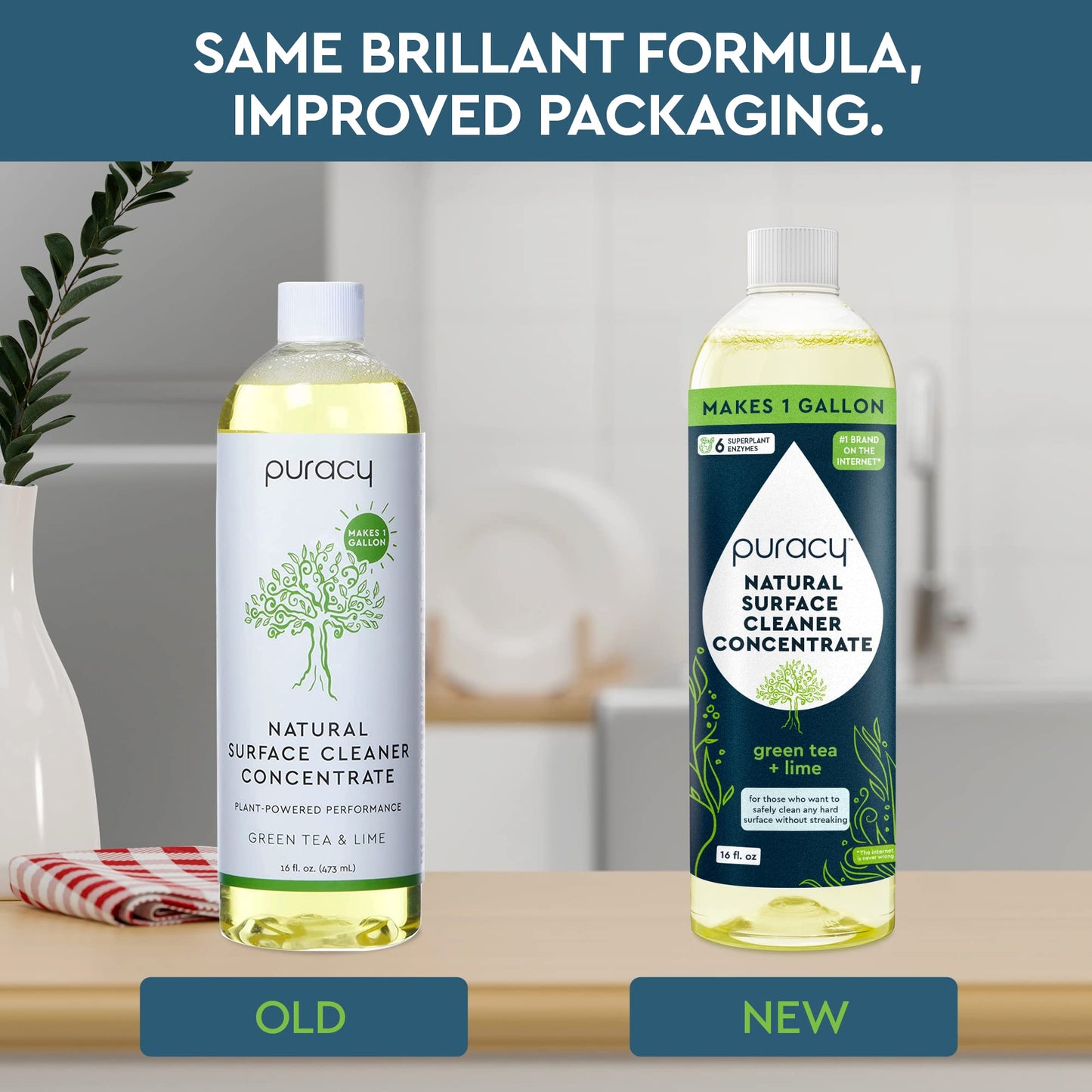 Limpiador concentrado multisuperficies Puracy, 1 galón, té verde y lima, solución de limpieza natural multiusos para el hogar